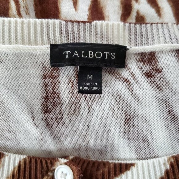 Talbots Cardigan Sweater M Brown Cream Abstract Animal Print Cotton Blend - Picture 4 of 5